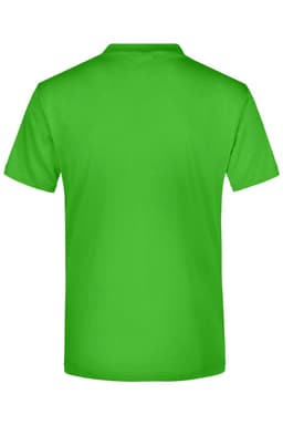 A green t-shirt with a plain back and a logo on the upper back.