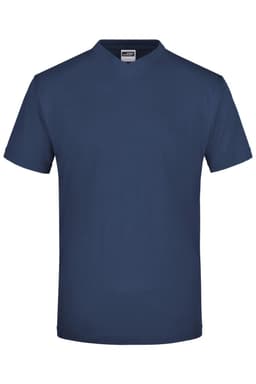 A navy blue V-neck T-shirt with short sleeves and a label inside. The shirt features a logo on the back.