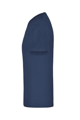 A navy blue T-shirt displayed from the side, featuring a simple design and a logo.