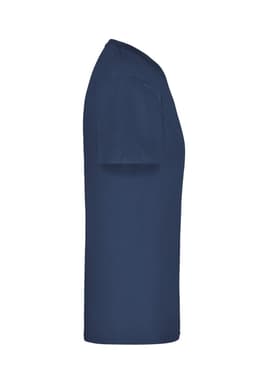A navy blue T-shirt displayed from the side, featuring a simple design and a logo on the fabric.