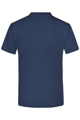 A navy blue t-shirt with a short sleeve and a plain back, featuring a logo.