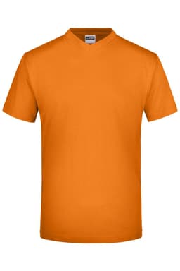 An orange V-neck T-shirt with short sleeves and a basic design, featuring a branding label.