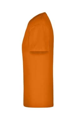 An orange t-shirt displayed from the side, featuring a simple design and short sleeves. It has a logo on it.