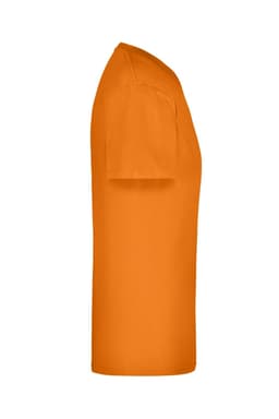 An orange t-shirt featuring a short sleeve design, with a plain side view, including a branding logo.