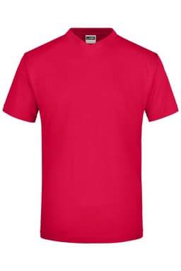 A red V-neck T-shirt with short sleeves and a label inside. The shirt features a logo.