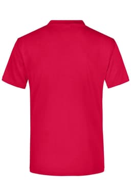 A red t-shirt with a plain back, featuring a logo at the neck area.