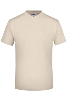 A beige V-neck T-shirt with short sleeves, featuring a logo on the label.