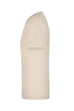 A beige T-shirt displayed from the side, featuring short sleeves and a simple design. It has a logo on the fabric.