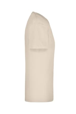 A beige t-shirt with short sleeves, shown from the side view, featuring a logo.