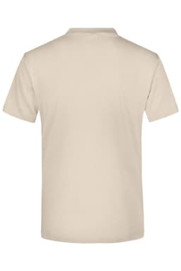 A beige T-shirt with short sleeves and a plain back, featuring a logo label.