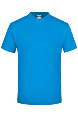 A blue V-neck T-shirt featuring short sleeves and a brand logo. Ideal for casual wear.