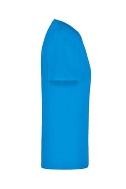 A bright blue t-shirt displayed in a side view, featuring a smooth fabric and a plain design.