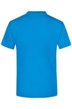 A blue V-T Medium T-shirt, short-sleeved with a plain back. Features a logo on the back.