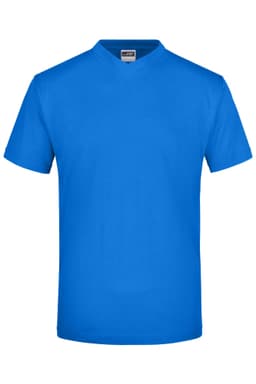 A blue V-neck T-shirt with short sleeves, featuring a logo on the label.
