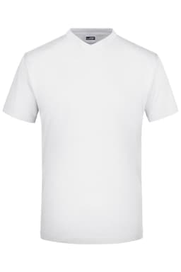 A white V-neck t-shirt featuring short sleeves and a simple design. It has a logo on the label.
