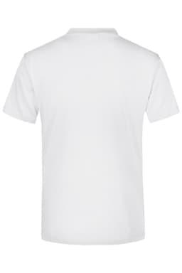 A plain white T-shirt with short sleeves and a standard crew neckline, featuring a branding logo on the back.