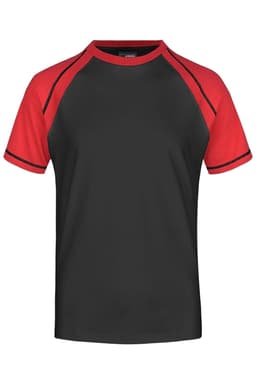 A men's raglan T-shirt featuring a black body and red sleeves, with contrasting stitching and a logo.