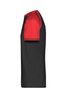 A side view of a men's raglan t-shirt featuring red sleeves and a black body. The shirt has a logo.