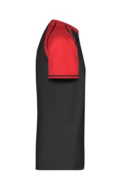 A Mens Raglan-T shirt featuring a black body with red sleeves and a logo on the front.