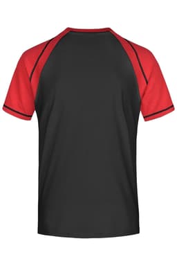 A black and red men's raglan T-shirt featuring a contrasting sleeve design and a logo on the back.