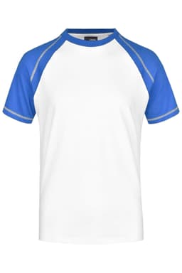 A men's raglan t-shirt featuring a white body and blue sleeves, with contrasting trim and a logo on the label.