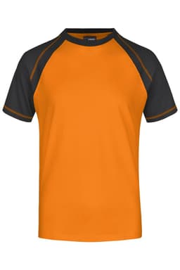 A men's raglan T-shirt featuring an orange body with black sleeves and a logo on the front.