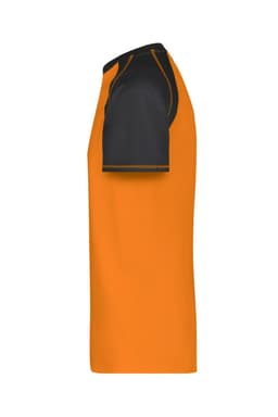 A side view of a men's raglan T-shirt featuring orange and black colours, with detailed stitching and a logo.