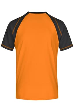 A men's raglan T-shirt featuring an orange body with black sleeves and piping. Includes a logo.