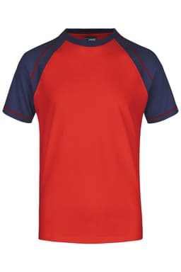 A red and navy Men's Raglan-T shirt featuring short sleeves and a logo on the front.