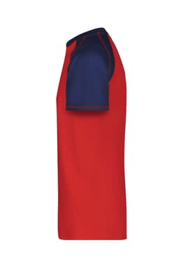 A men's raglan T-shirt featuring a red body and navy blue sleeves, with a branding logo.