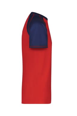 A red and navy blue men's raglan t-shirt with short sleeves and a logo on the side.