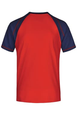 A red T-shirt with navy raglan sleeves and a logo on the back.