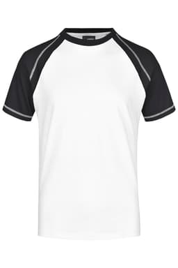A white and black men's raglan t-shirt with short sleeves, featuring a logo on the front.