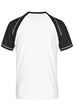 A men's raglan T-shirt featuring a white body with black sleeves and detailing, plus a branding logo.