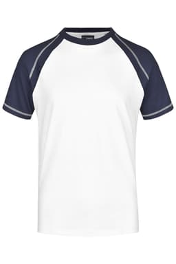 A men's raglan T-shirt featuring white fabric with navy sleeves and a logo.