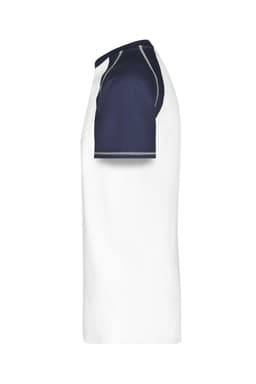 A men's raglan T-shirt featuring navy blue sleeves and a white body, with a logo on the left side.