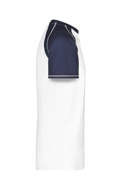 A side view of a men's raglan T-shirt featuring navy blue sleeves and a white body, with a logo on the shirt.