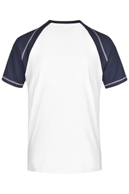 A men's raglan T-shirt featuring a white body and navy sleeves, with a slight grey accent. It has a logo.