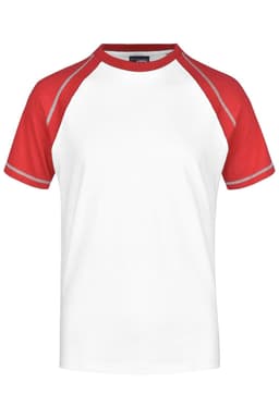 A white T-shirt with red raglan sleeves and a logo on the chest.
