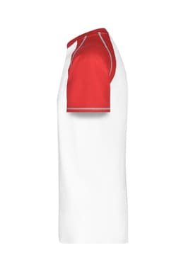 A men's raglan T-shirt featuring red sleeves and a white body, with a logo on the sleeve.