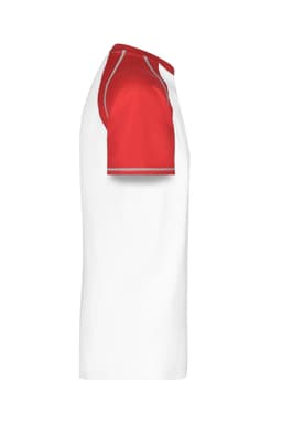 A men's raglan t-shirt in white with red sleeves and grey accents, featuring a logo on the side.