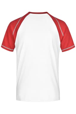 A red and white raglan T-shirt featuring short sleeves and a logo. The back view displays the colour contrast.