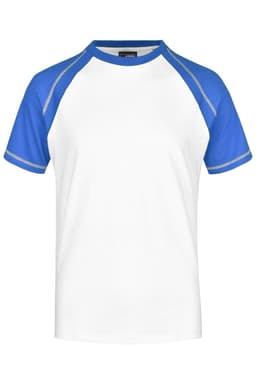 A men's raglan t-shirt featuring white fabric with blue sleeves and accents. It has a logo on the label.
