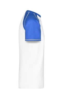 A white Men's Raglan-T with blue sleeves and a simple design, featuring a logo on the chest.