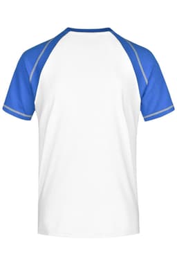A men's raglan T-shirt with a white body and blue sleeves, featuring a logo on the back.