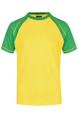 A yellow T-shirt with green raglan sleeves and contrasting trim, featuring a logo on the chest.