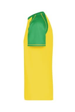 A side view of a men's raglan t-shirt featuring a yellow body and green sleeves. The shirt includes a logo.