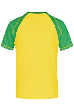 A yellow T-shirt with green raglan sleeves and a contrasting design, featuring a logo on the back.