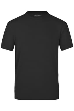 A black T-shirt with a crew neck design, featuring short sleeves and a plain finish. It has a brand logo inside the neck.