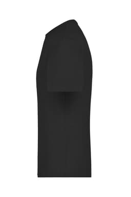 A black T-shirt with short sleeves and a round neck, featuring a logo on the front.